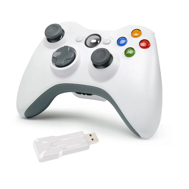 Kabelloser Gamecontroller für XBOX 360 mit USB-Empfänger. Kompatibel mit Windows XP 7 10. Unterstützt AA-Batterien und USB-Stromversorgung. weiß