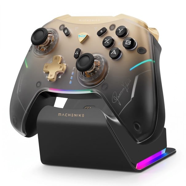 Kabelloser Gaming-Controller 1000 Hz mit RGB-Lade-Dock in transparentem Gold-Schwarz für PC, Nintendo Switch und mobile Geräte 1