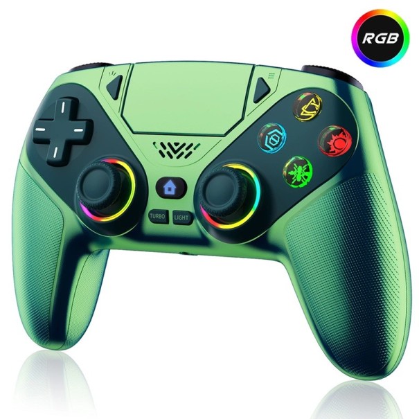 Kabelloser Gaming-Controller in Blau-Violett für PS5/PC mit RGB-Hintergrundbeleuchtung, Vibrationsfunktion und programmierbaren Tasten grün