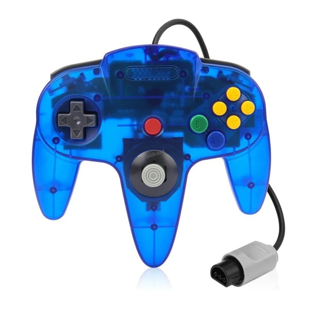 Kablet retro-controller til N64-konsol med 10 knapper og præcis joystick. Ergonomisk gamepad til Nintendo 64 i otte farver. blå