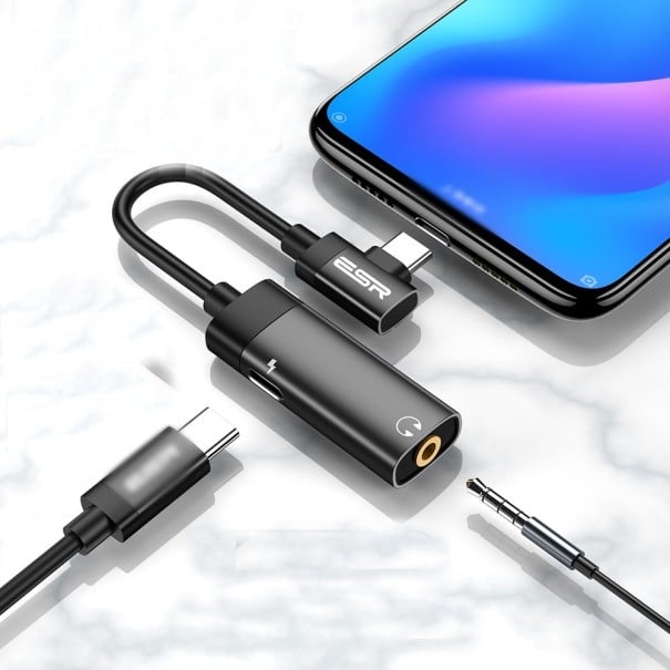 Káblový adaptér USB-C na 3,5mm jack a USB-C pre slúchadlá a nabíjanie telefónu Rozbočovač 2v1 Zdierka USB-C na boku Hliníková zliatina čierna 2