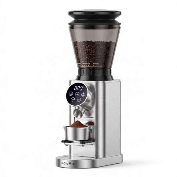 Kaffekværn BioloMix 48 trin maling Aftageligt greb 51–53 og 58 mm Kegleformede malesten Sølv Til espresso og french press 1