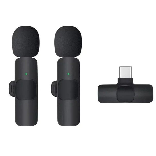 Kahden langattoman rintamikrofonin setti, jossa on USB-C-vastaanotin Androidille, automaattinen pariliitos, melunvaimennus ja helppo musta