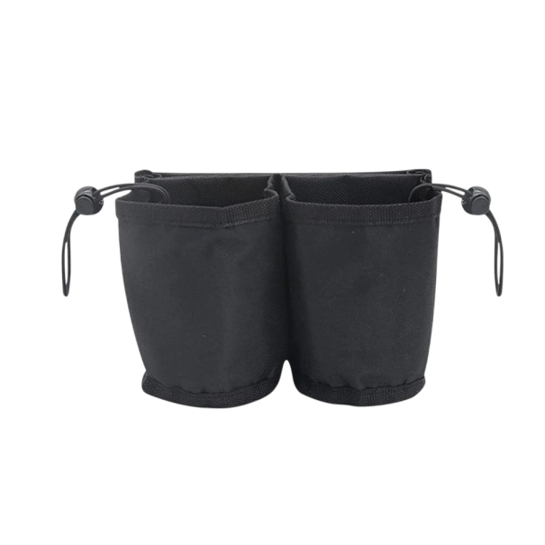 Kahvimukiteline matkalaukun kahvaan, kaksinkertainen tasku 16×8×12 cm, Oxford-kangas, musta-harmaa, juomaorganisaattori matkatavaroille musta