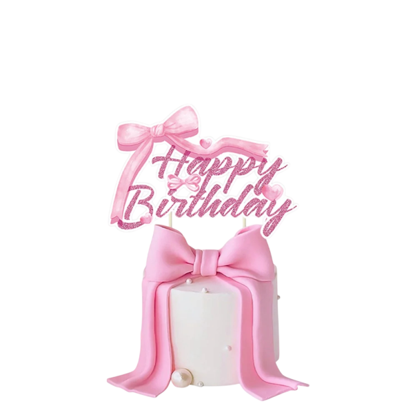 Kakkukoriste Happy Birthday 15 x 10,4 cm Vaaleanpunainen kakkukoriste nauhoilla 1