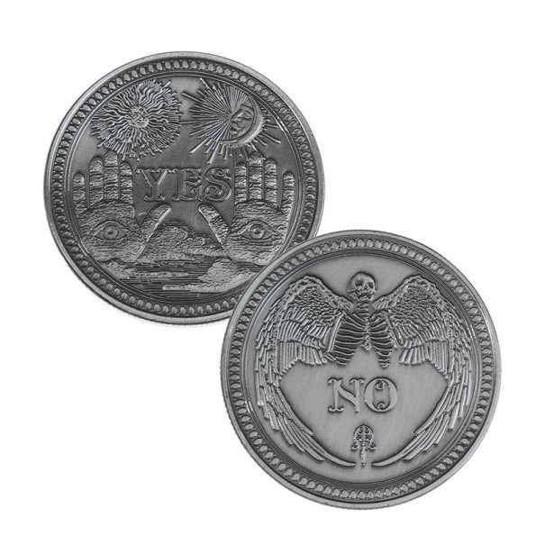 Kaksipuolinen metalliraha 4 x 4 x 0,3 cm, jossa on Kyllä- ja Ei-tekstit molemmilla puolilla. Muistoraha päätöksenteon avuksi. Kyllä- ja Ei-keräilymetalliraha. hopeinen