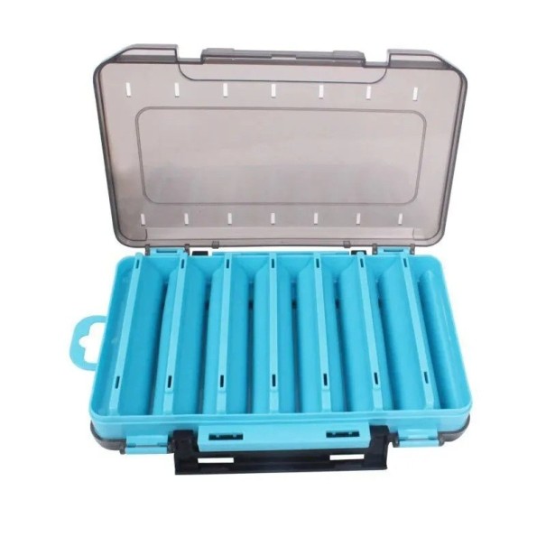 Kaksipuolinen säilytyslaatikko koukkuille ja vieheille 19,5 x 13,5 x 3,5 cm Kompakti kannettava laatikko lokeroilla Kalastustarvikkeiden järjestäjä Tukeva muovilaatikko kalastusvälineille sininen
