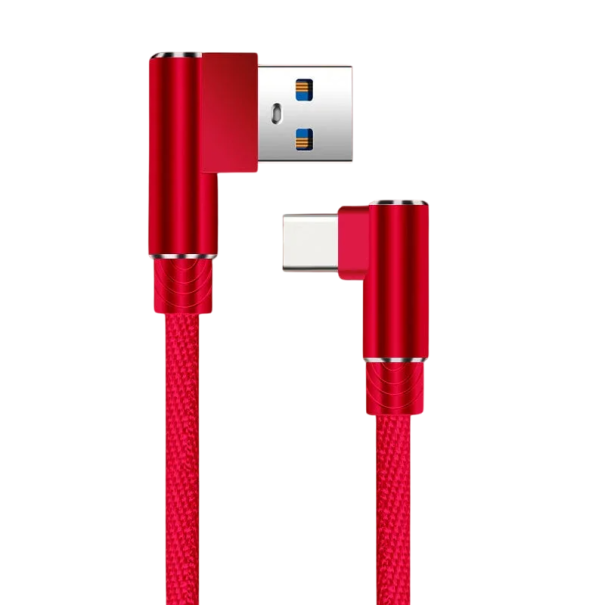 Καλώδιο USB C και USB A γρήγορης φόρτισης 90 μοιρών 40W 1 m με γωνιακό βύσμα 5A γρήγορη φόρτιση και μεταφορά δεδομένων κόκκινο