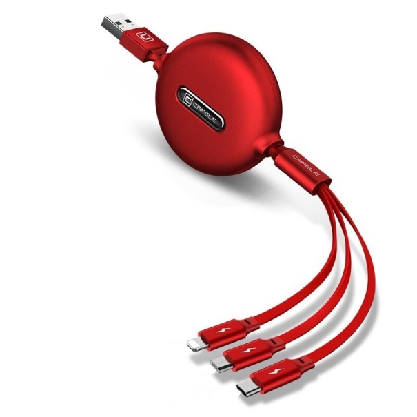 Καλώδιο USB με δυνατότητα περιέλιξης Lightning / Micro USB / USB-C κόκκινο
