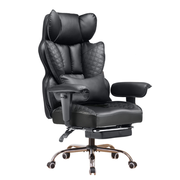Kancelářská židle ergonomická s bederní opěrkou a podnožkou rozměry 50 x 54 x 135 cm umělá kůže i kov do kanceláře i pracovny na sezení u PC černá