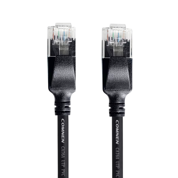 Kancelářský patch kabel Cat6a RJ45 délka 2 m Slim tenké provedení UTP 28AWG PVC černý pro propojení síťových prvků 1
