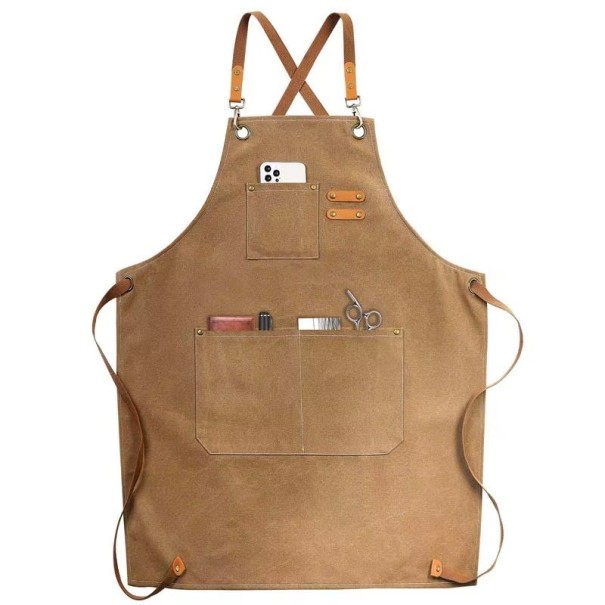 Kangaspintainen keittiötyöskentelyessu 78x68 cm Öljynkestävä vedenkestävä työkalutaskuilla Unisex muotoinen grillausesse miehille ja naisille ruskea