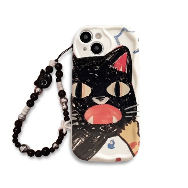 Kansi maalatulla kissalla Samsung Galaxy A35 5G Helmiäisketju ranteeseen Kestävä Kulmien ja kameran suoja Valkoinen Musta kissa terävillä hampailla 1