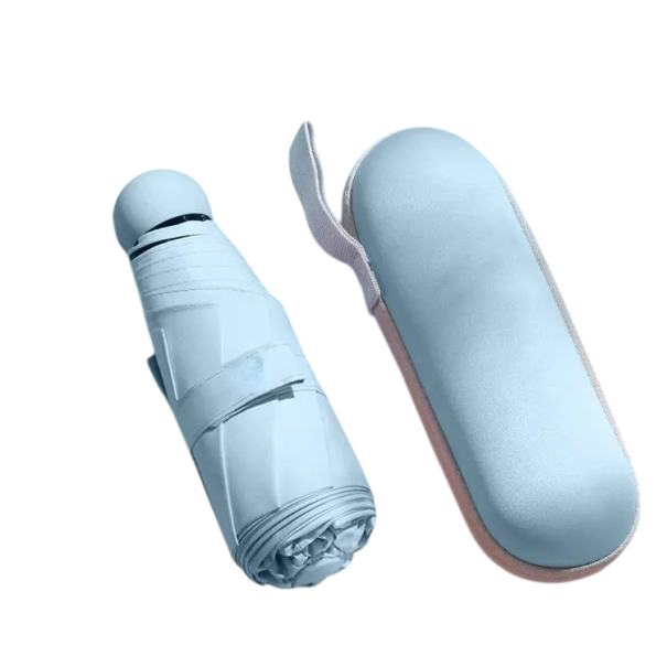Kapselparaply til kvinder, lille paraply med UV-beskyttelse UPF50+, bærbar ensfarvet paraply til håndtaskebeskyttelse mod sol og regn lyseblå