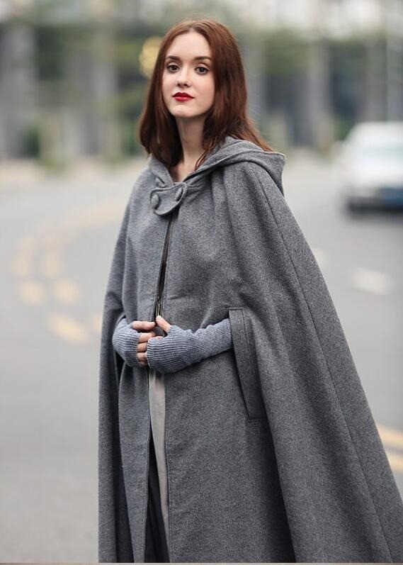 Kapuzenponcho für Damen grau L