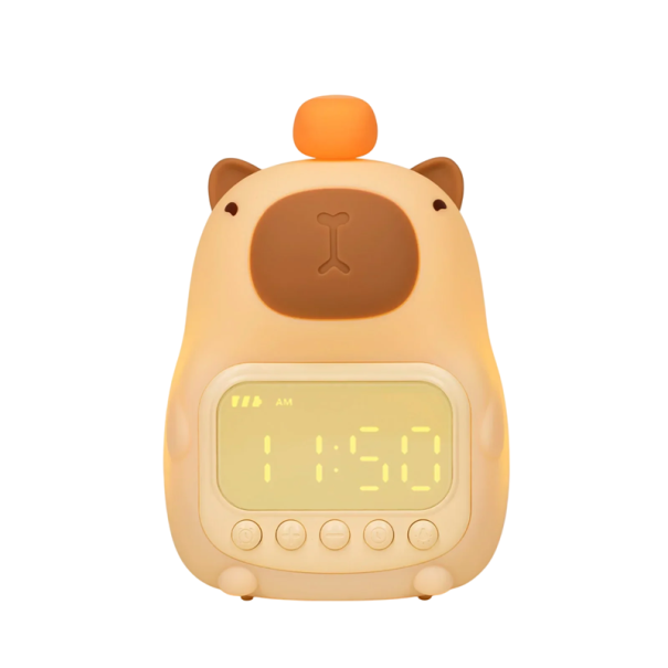 Kapybara LED silikonový digitální budík s nočním světlem USB dobíjecí 1200mAh baterie duální alarm funkce odložení 5 minut 1