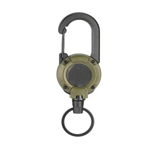 Karabijnhaak met opwindkoord Lier met staalkabel 12,3 x 4 cm 60 cm Stevige opwindhanger Veilige bevestiging van apparatuur Praktische karabijnhaak voor sleutels, gereedschap en accessoires legergroen