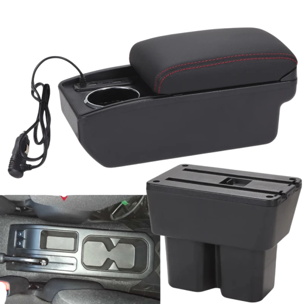 Karfa 32 x 15,5 x 14,5 cm a Suzuki Jimny JB74 2019–2024 Ülődoboz Italtartó PU bőr ABS Csúsztatható USB USB-C Gyors töltés Szerelési készlet piros