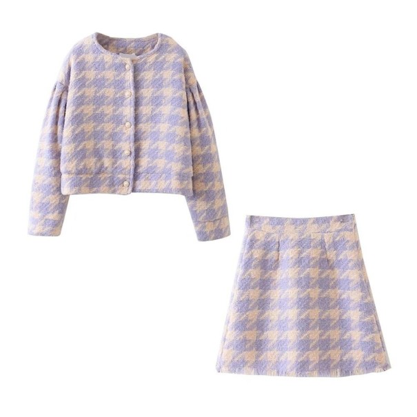 Karierter Pullover und Rock für Damen hellviolett S