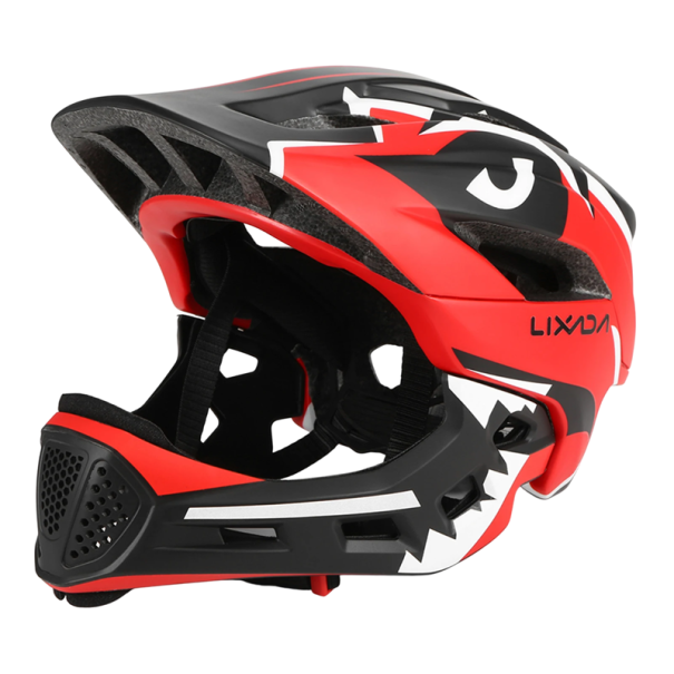 Kask motocyklowy dziecięcy 52–58 cm Kask integralny z wyjmowanym ochraniaczem ust 13 otworów wentylacyjnych Osłona przeciwsłoneczna Wkładka EPS i skorupa PC czerwony
