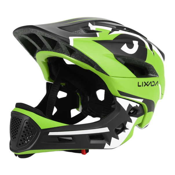 Kask motocyklowy dziecięcy 52–58 cm Kask integralny z wyjmowanym ochraniaczem ust 13 otworów wentylacyjnych Osłona przeciwsłoneczna Wkładka EPS i skorupa PC zielony