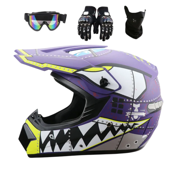 Kask motocyklowy dziecięcy z nadrukiem Kask integralny ABS z goglami rękawiczkami maską Osłona przeciwsłoneczna Wentylacja 1,2 kg 25×25×36 cm fioletowy M (55-56 cm)