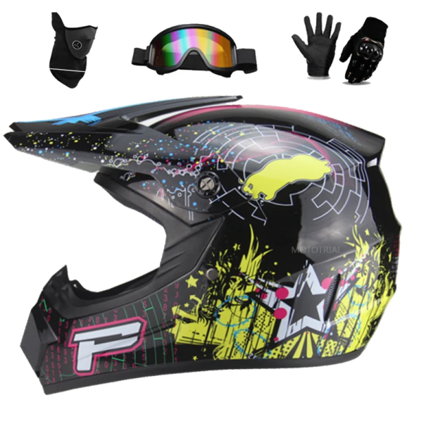 Kask motocyklowy dziecięcy z systemem wentylacji i blendą przeciwsłoneczną Czarny kask z nadrukiem + gogle, rękawice, maska ABS 1,2 kg L (57-58 cm)