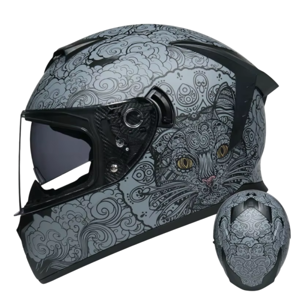 Kask motocyklowy z odchylaną klapką, szary, z oryginalnym rysunkiem kota. Kask ochronny z wentylacją. Wyjmowane wypełnienie. Stylowy sprzęt motocyklowy. S (54-55 cm)