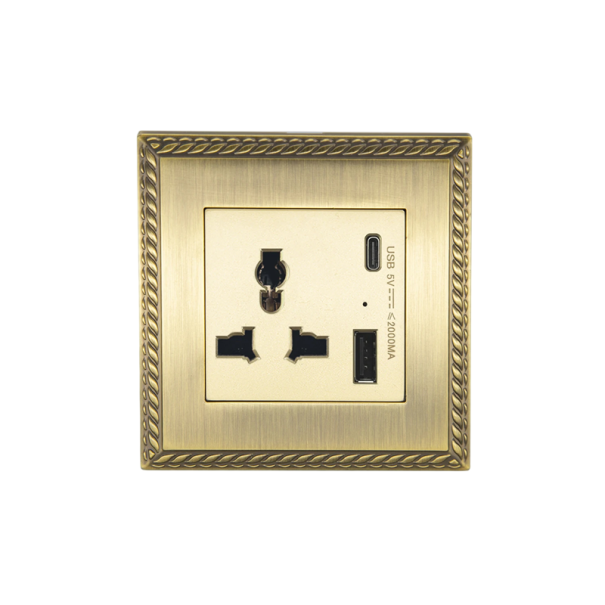 Καθολική τοίχου πρίζα με USB και USB-C 5V 2A, 86 x 90 mm, μεταλλική επιφάνεια από κράμα ψευδαργύρου, παλαιά χρυσή, vintage σχέδιο για το σπίτι 1