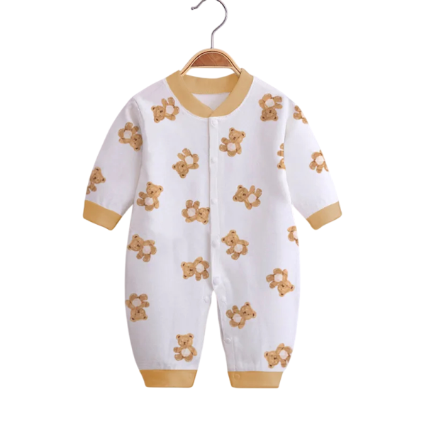 Katoenen romper met lange mouwen en berenprint Witte babyoverall voor pasgeborenen V-hals Drukknopen Babykleding 0-3 maanden