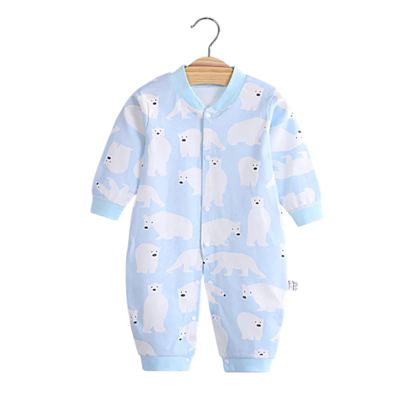 Katoenen romper met lange mouwen en een print van een ijsbeer Blauw babyoverall voor pasgeborenen V-hals Drukknopen 0-3 maanden
