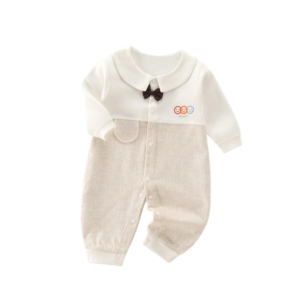 Katoenen romper met lange mouwen en smiley-print Wit-beige kinderoverall voor pasgeborenen V-hals Drukknopen sluiting 3-6 maanden