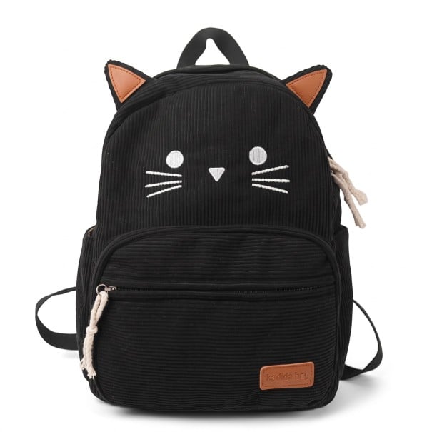 Katte dame rygsæk 38 x 28 x 11 cm med ører og broderet katteansigt med indvendig lomme til laptop og stor frontlomme med lynlås sort