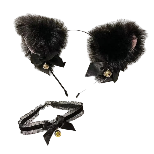 Kattöron på pannband med choker Kattöron med klockor Plysch kattöron på pannband Cosplay-tillbehör svart