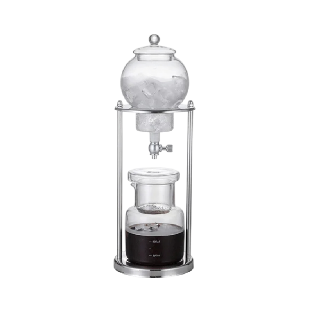 Kávovar na studenou kávu kapací 600 ml S nádobou na led a kohoutkem Borosilikátové sklo a nerezový stojan Stříbrná barva Na cold brew doma 1