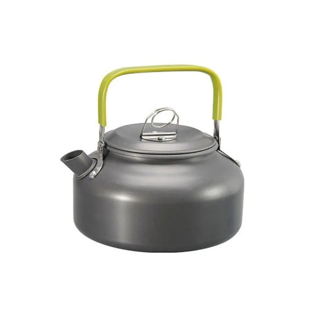 Kempingová konvice na vodu a čaj 0,8 l Průměr 140 mm výška 80 mm Hliník se sklopným madlem Šedá Na kempink a turistiku pro 2 až 3 osoby 1