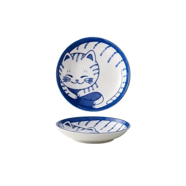 Keraaminen lautanen 2 x 10 cm vesipisaran muotoinen japanilaistyylinen söpö kastikelautanen jälkiruoka sushi sarjakuva raidallinen onnellinen kissa 1