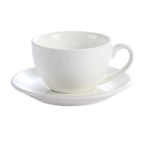 Kerámia csésze alátéttel 220 ml kompakt méret 9,7 × 9,3 cm alátét átmérője 14,5 cm kávéhoz és eszpresszóhoz fehér