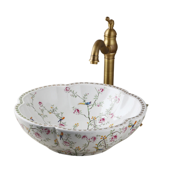 Keramické umyvadlo se zlatým kohoutkem kulaté 395 x 155 mm bílé se zlatým zdobením v retro stylu na desku do koupelny i na toaletu 1