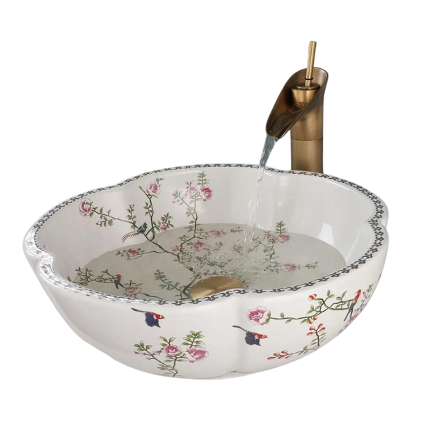 Keramické umyvadlo se zlatým kohoutkem kulaté 400 x 150 mm bílé s květinovým zdobením v retro stylu na desku do koupelny i na toaletu 1
