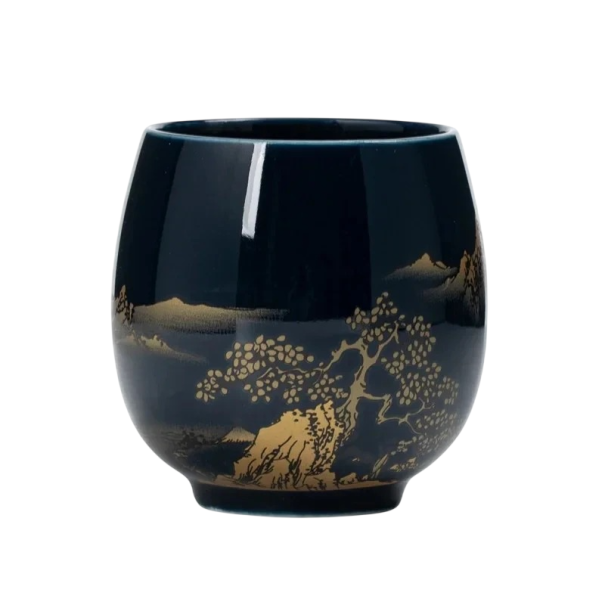 Keramický hrneček 180 ml, šálek na čaj a kávu 7,2 × 5,6 cm z keramiky tmavě modrý se zlatým dekorem krajiny pro domácí použití 1
