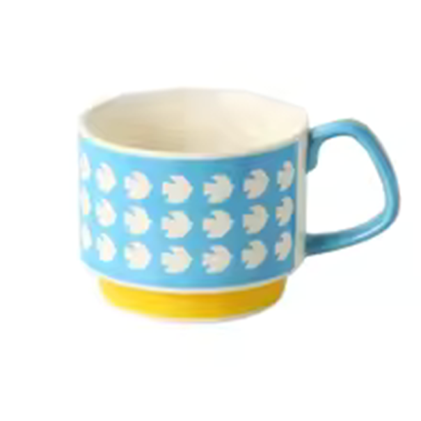 Keramický hrnek s dekorem 300 ml klasický šálek na kávu modrý s bílým vzorem a žlutým dnem pro domácí použití 1