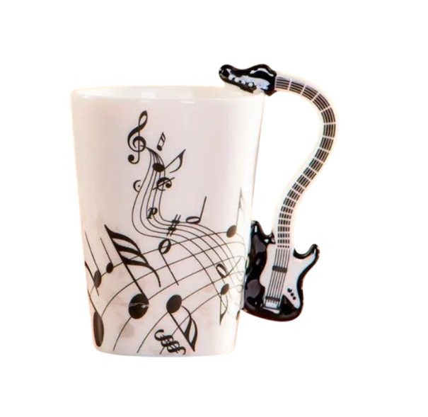 Keramický hrnek s hudebním motivem a uchem ve tvaru kytary 240 ml dekorativní design pro kávu čaj i originální dárek černá