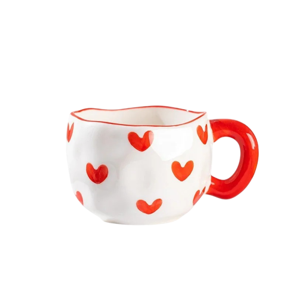 Keramický hrnek se srdíčky 300 ml rozměry 9,5 × 7 cm dekorativní provedení pro kávu čaj i každodenní použití červená