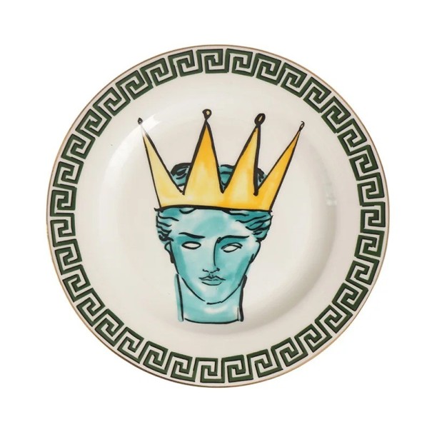Keramický talířek dekorativní průměr 20,3 cm keramika bílý s motivem postavy s korunou ochranný okraj pod šálek a servírování 1