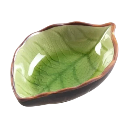 Keramikschüssel, 10 x 7,5 x 3 cm, kleine Untertasse für Sojasauce und Essig, Eisglasur, Blattmuster, kreatives Küchengeschirr grün