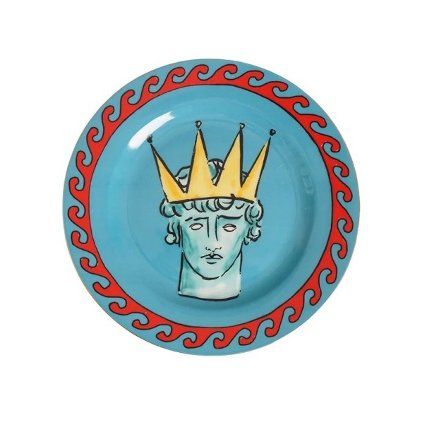 Keramisch decoratief schoteltje diameter 20,3 cm keramiek blauw met motief van een figuur met kroon onder een kopje en voor serveren 1