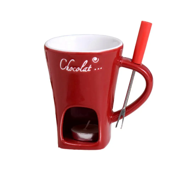 Keramische fonduemok 200 ml met plaats voor een waxinelichtje, roestvrijstalen vork en kaars Ideaal voor chocolade of kaas rood
