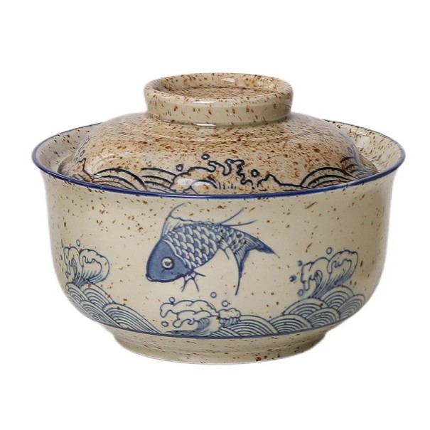 Keramische kom met deksel in Japanse stijl 750 ml keramiek beige met blauw vismotief voor serveren en dineren 1