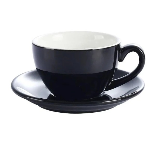 Keramischer Becher mit Untertasse 220 ml kompakte Maße 9,7 × 9,3 cm Durchmesser des Untertellers 14,5 cm für Kaffee und Espresso schwarz